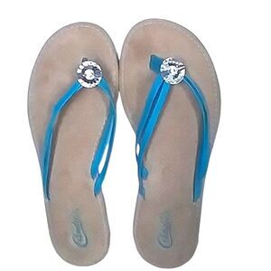 Candie's Flip Flops Women's Thong Style Teal Tan Faux Suede and faux gems Y2K 10